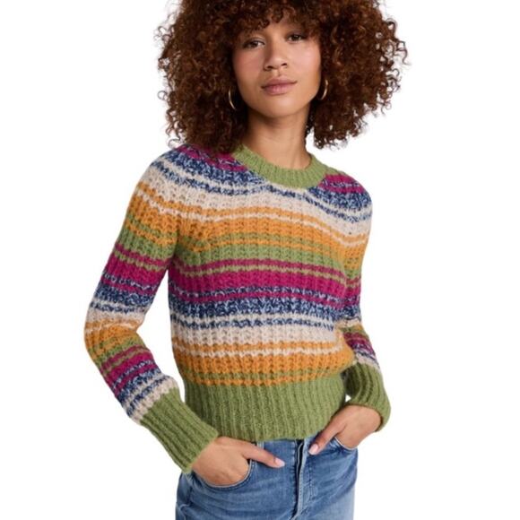 Mother | Inset Puff Sleeve Jumper Crop Sweater Alpaca Colorful Striped Medium - Picture 1 of 7